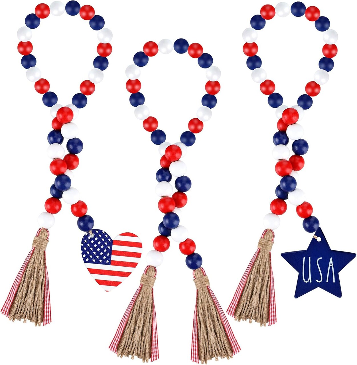3pcs Independence Day Wood Bead Garland – USA 250th Anniversary Patriotic Beads with Rustic Tassels – Red White and Blue Farmhouse Decor with American Flag & Heart Signs – Boho Prayer Beads for Tiered Trays & Mantels